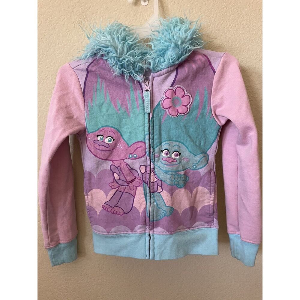Trolls Pink Blue Satin Chenille Full Zip Up Girls' Furry Hoodie Jacket Size S 4